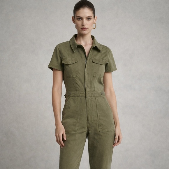 Good American Fit For Success Straight Leg Denim Jumpsuit Fatigue Green Large - Picture 3 of 16